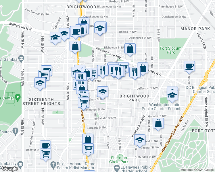 map of restaurants, bars, coffee shops, grocery stores, and more near 5409 8th Street Northwest in Washington