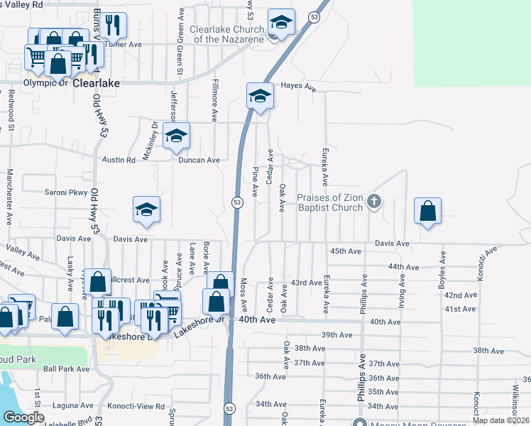 map of restaurants, bars, coffee shops, grocery stores, and more near 3946 Cedar Avenue in Clearlake
