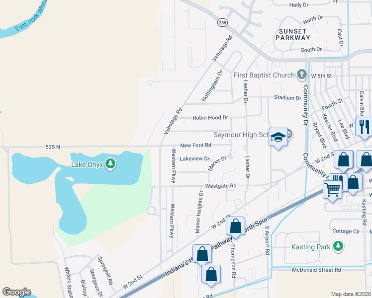 map of restaurants, bars, coffee shops, grocery stores, and more near 1551 West Lakeview Drive in Seymour