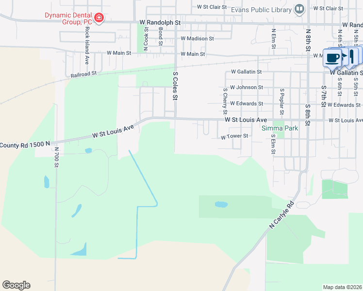 map of restaurants, bars, coffee shops, grocery stores, and more near 710 South Coles Street in Vandalia