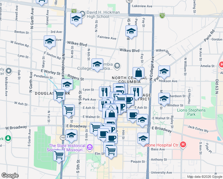 map of restaurants, bars, coffee shops, grocery stores, and more near 305 North 10th Street in Columbia