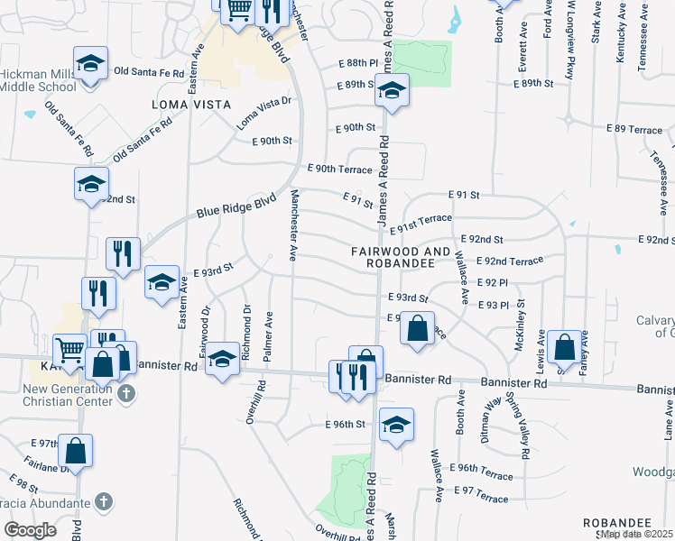 map of restaurants, bars, coffee shops, grocery stores, and more near 8005 East 93rd Street in Kansas City