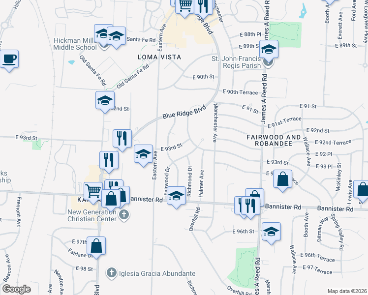map of restaurants, bars, coffee shops, grocery stores, and more near 9307 Fairwood Drive in Kansas City