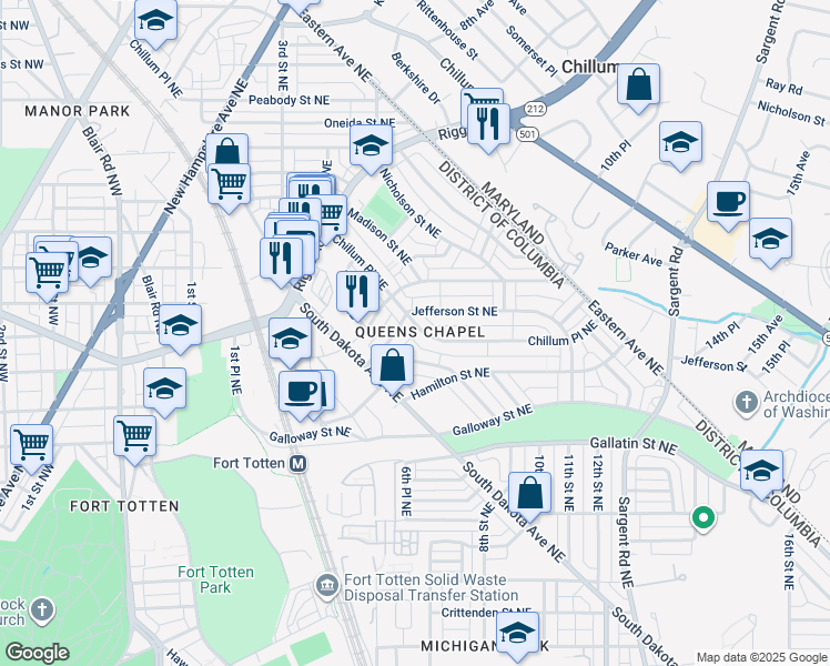 map of restaurants, bars, coffee shops, grocery stores, and more near 5386 Chillum Place Northeast in Washington