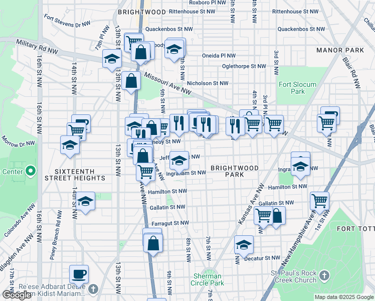 map of restaurants, bars, coffee shops, grocery stores, and more near 5409 8th Street Northwest in Washington