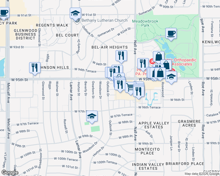 map of restaurants, bars, coffee shops, grocery stores, and more near 9587 Outlook Drive in Overland Park