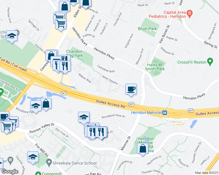 map of restaurants, bars, coffee shops, grocery stores, and more near Westcourt Lane in Herndon