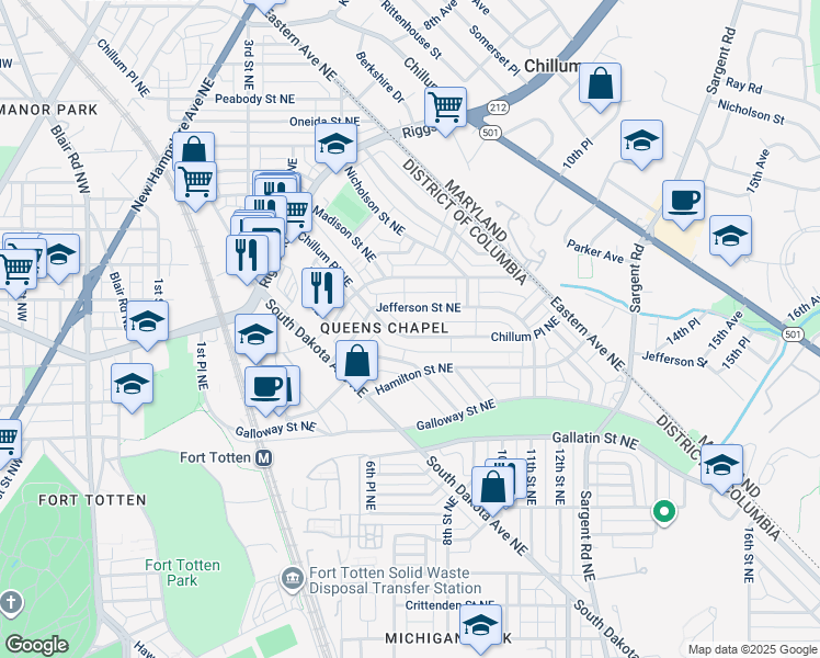 map of restaurants, bars, coffee shops, grocery stores, and more near 5367 Chillum Place Northeast in Washington