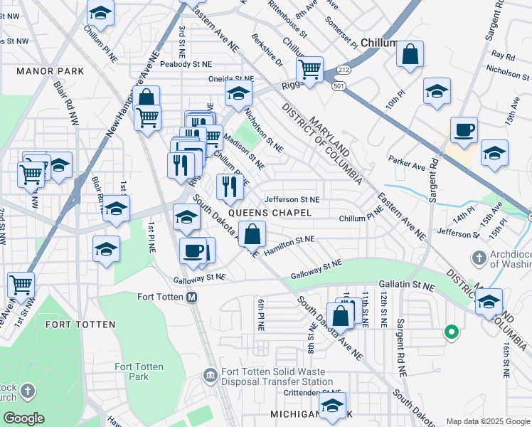 map of restaurants, bars, coffee shops, grocery stores, and more near 5386 Chillum Place Northeast in Washington