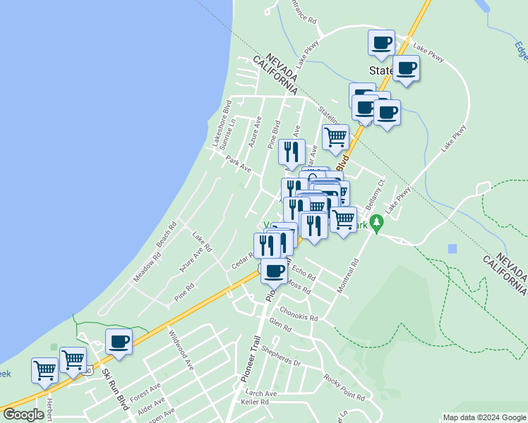 map of restaurants, bars, coffee shops, grocery stores, and more near 3993 Manzanita Avenue in South Lake Tahoe