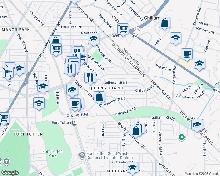 map of restaurants, bars, coffee shops, grocery stores, and more near 5379 Chillum Place Northeast in Washington