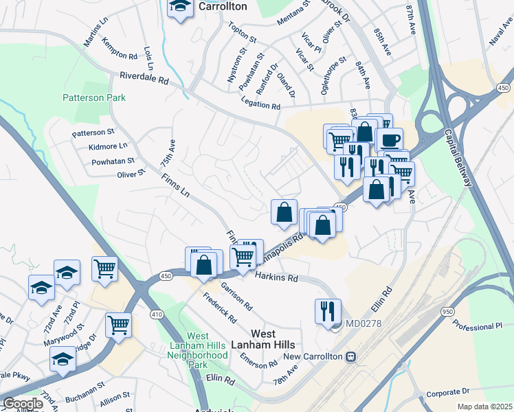 map of restaurants, bars, coffee shops, grocery stores, and more near 5500 Karen Elaine Drive in New Carrollton