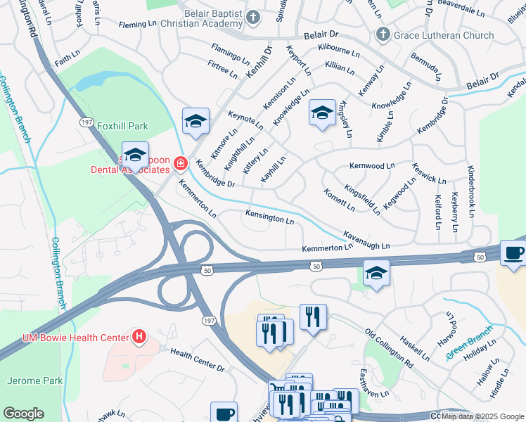 map of restaurants, bars, coffee shops, grocery stores, and more near 12418 Kensington Lane in Bowie