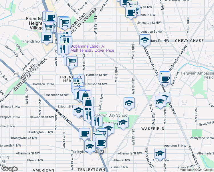 map of restaurants, bars, coffee shops, grocery stores, and more near 3936 Garrison Street Northwest in Washington