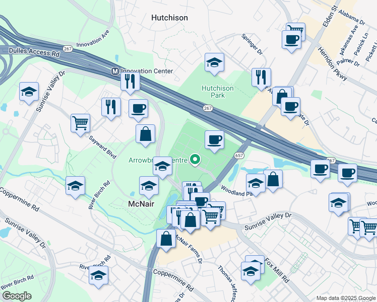 map of restaurants, bars, coffee shops, grocery stores, and more near 13377 Launders Street in Herndon
