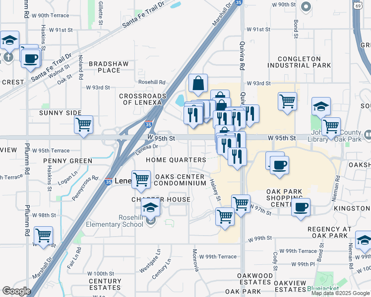 map of restaurants, bars, coffee shops, grocery stores, and more near 9513 Monrovia in Lenexa