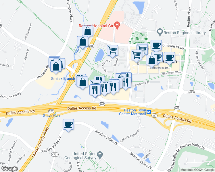 map of restaurants, bars, coffee shops, grocery stores, and more near 12190 Sunset Hills Road in Reston