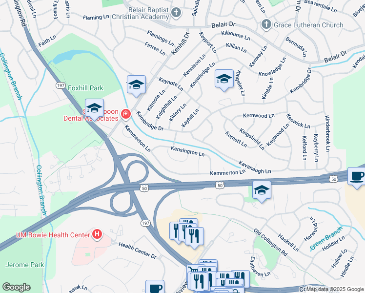 map of restaurants, bars, coffee shops, grocery stores, and more near 12418 Kensington Lane in Bowie