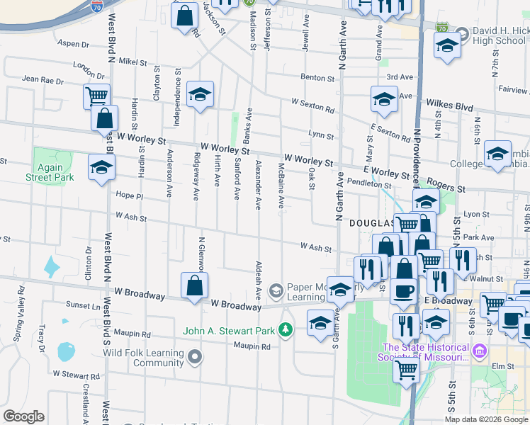 map of restaurants, bars, coffee shops, grocery stores, and more near 307 McBaine Avenue in Columbia