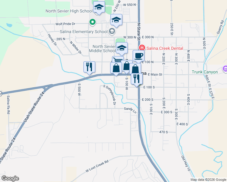 map of restaurants, bars, coffee shops, grocery stores, and more near 218 South Sunnybrook Drive in Salina