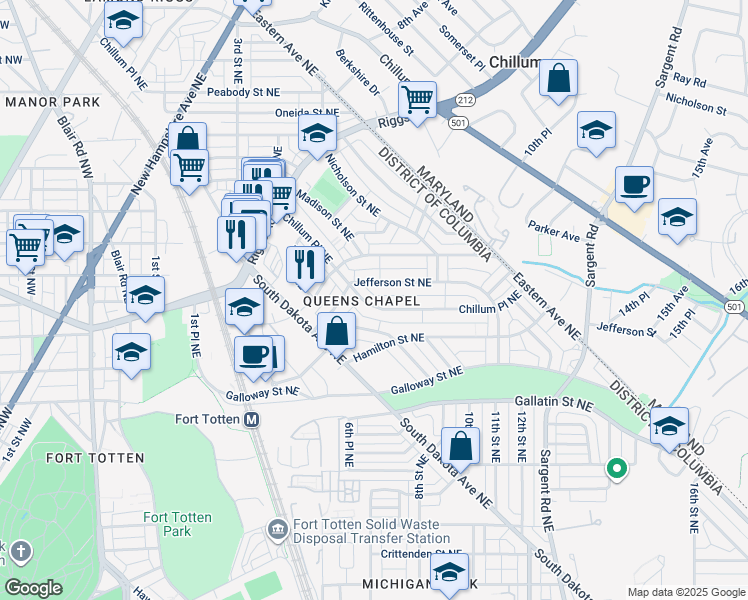 map of restaurants, bars, coffee shops, grocery stores, and more near 5379 Chillum Place Northeast in Washington