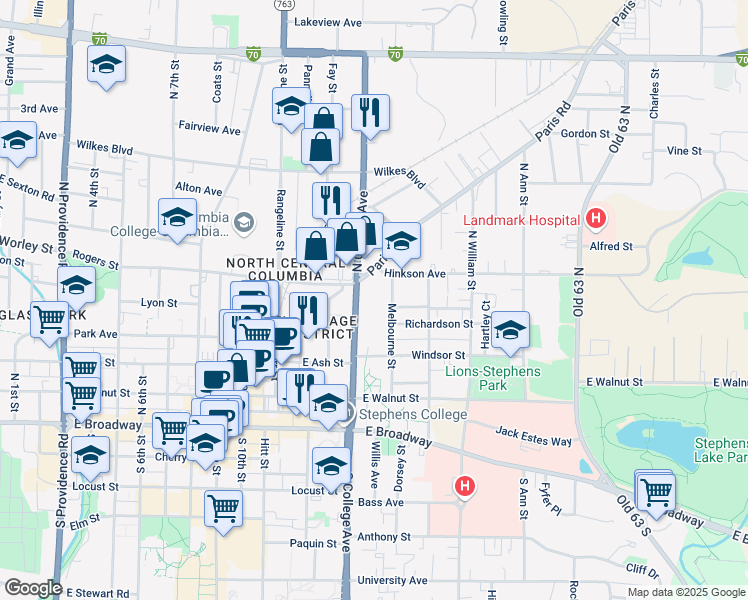 map of restaurants, bars, coffee shops, grocery stores, and more near 410 North College Avenue in Columbia
