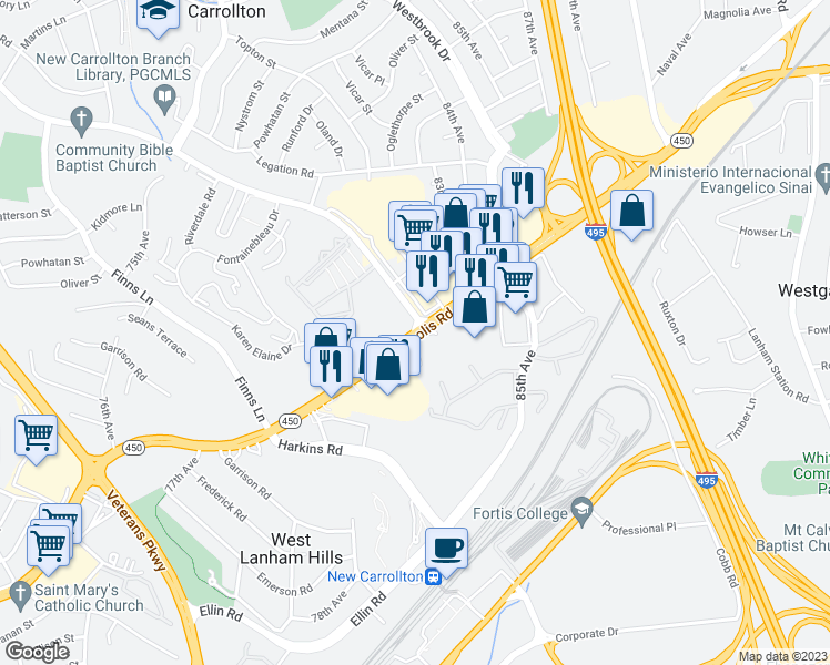 map of restaurants, bars, coffee shops, grocery stores, and more near Maryland 450 in New Carrollton
