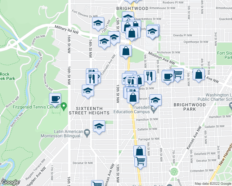 map of restaurants, bars, coffee shops, grocery stores, and more near 5414 13th Street Northwest in Washington