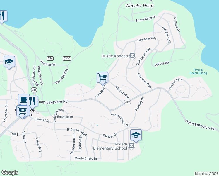 map of restaurants, bars, coffee shops, grocery stores, and more near 10272 Hok Has Ha Lane in Kelseyville