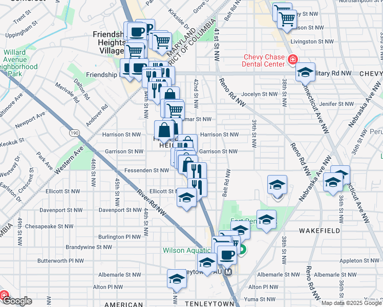 map of restaurants, bars, coffee shops, grocery stores, and more near 4202 Garrison Street Northwest in Washington