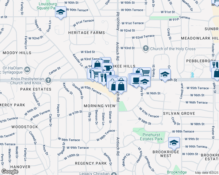 map of restaurants, bars, coffee shops, grocery stores, and more near 8770 West 95th Street in Overland Park