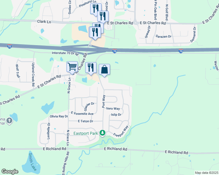 map of restaurants, bars, coffee shops, grocery stores, and more near 5710 Bull Run Drive in Columbia