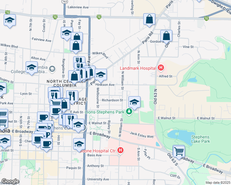 map of restaurants, bars, coffee shops, grocery stores, and more near 1508 Hinkson Avenue in Columbia