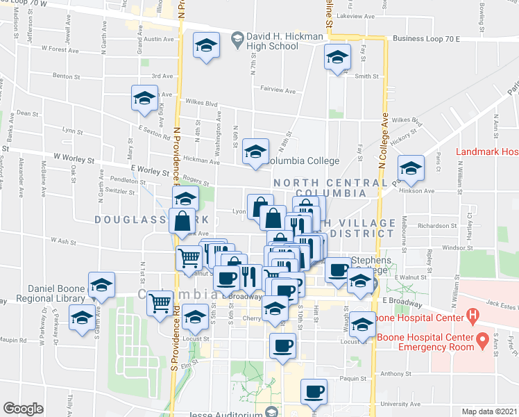 map of restaurants, bars, coffee shops, grocery stores, and more near 704 Rogers Street in Columbia