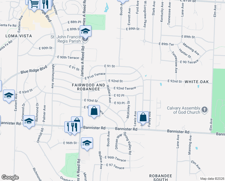 map of restaurants, bars, coffee shops, grocery stores, and more near 8503 East 92nd Street in Kansas City