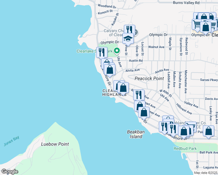 map of restaurants, bars, coffee shops, grocery stores, and more near 14141 Lakeshore Drive in Clearlake