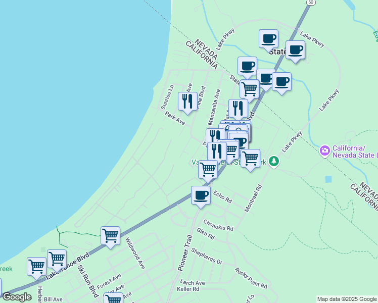 map of restaurants, bars, coffee shops, grocery stores, and more near in South Lake Tahoe