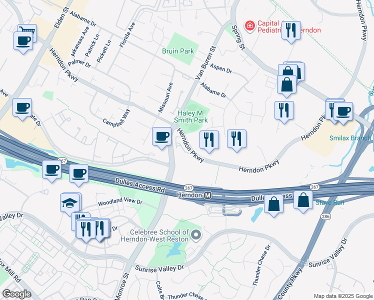 map of restaurants, bars, coffee shops, grocery stores, and more near 609 Herndon Parkway in Herndon