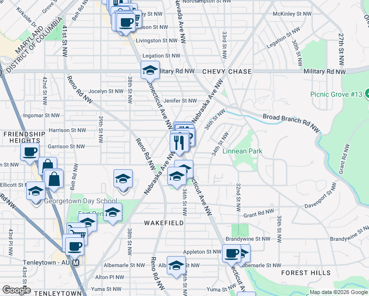 map of restaurants, bars, coffee shops, grocery stores, and more near 5031 Connecticut Avenue Northwest in Washington