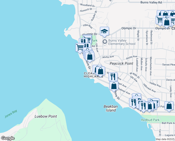 map of restaurants, bars, coffee shops, grocery stores, and more near 14135 Lakeshore Drive in Clearlake
