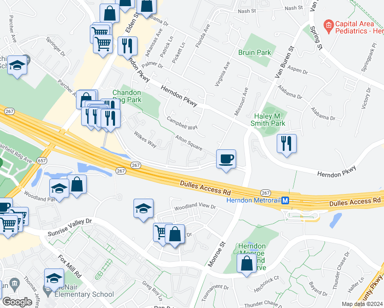 map of restaurants, bars, coffee shops, grocery stores, and more near 2203 Westcourt Lane in Herndon
