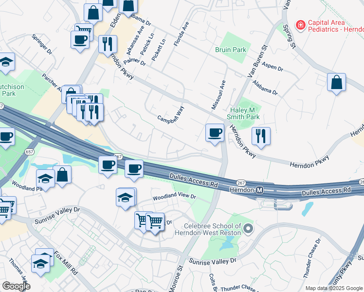 map of restaurants, bars, coffee shops, grocery stores, and more near 2100 Highcourt Lane in Herndon