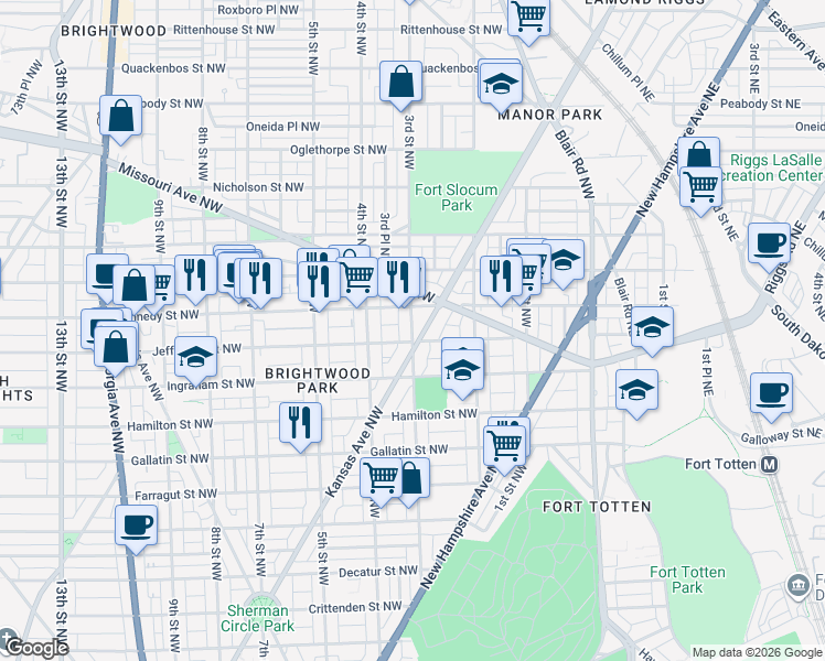 map of restaurants, bars, coffee shops, grocery stores, and more near 3rd Street Northwest in Washington