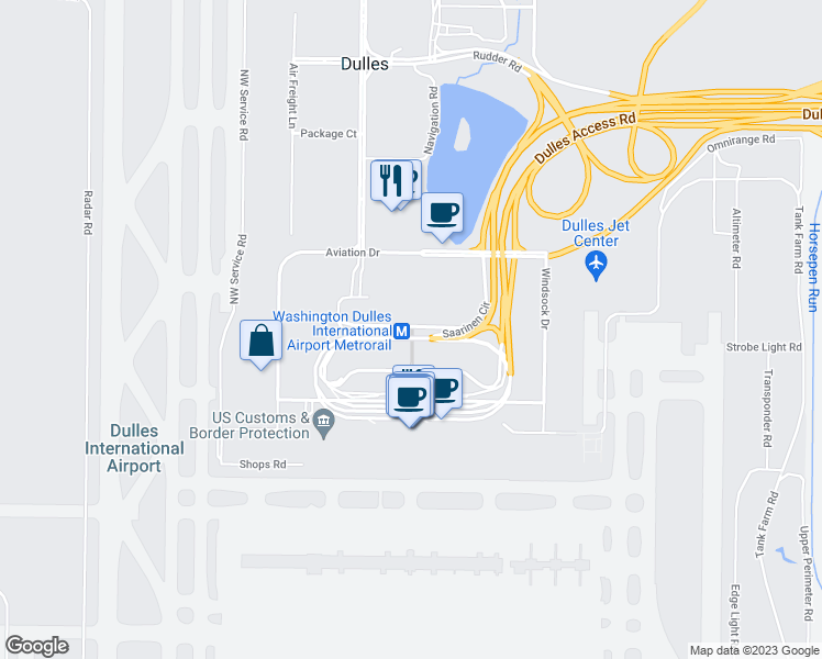 map of restaurants, bars, coffee shops, grocery stores, and more near 44910 Saarinen Circle in Sterling
