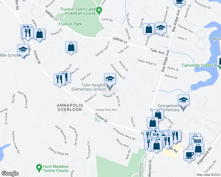 map of restaurants, bars, coffee shops, grocery stores, and more near 200 Janwall Street in Annapolis