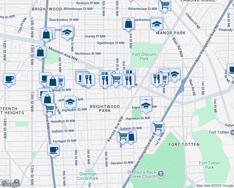 map of restaurants, bars, coffee shops, grocery stores, and more near 5412 4th Street Northwest in Washington
