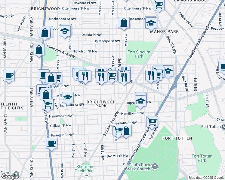 map of restaurants, bars, coffee shops, grocery stores, and more near 5412 4th Street Northwest in Washington