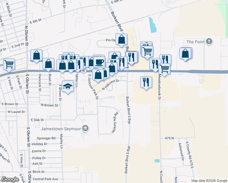 map of restaurants, bars, coffee shops, grocery stores, and more near 626 Hillcrest Circle in Seymour