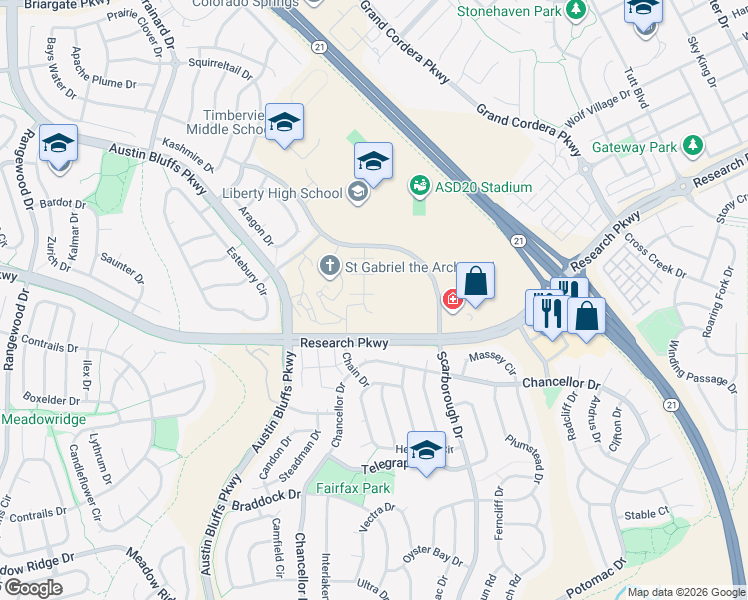 map of restaurants, bars, coffee shops, grocery stores, and more near 8520 Scarborough Drive in Colorado Springs