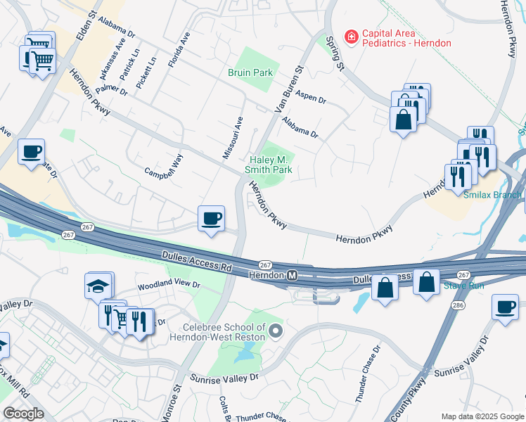 map of restaurants, bars, coffee shops, grocery stores, and more near 609 Herndon Parkway in Herndon